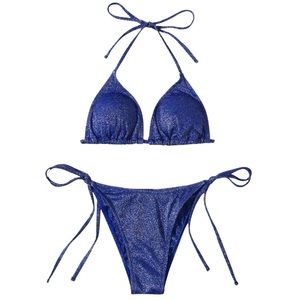 Blue Glitter Triangle Tie Side Bikini Swimsuit